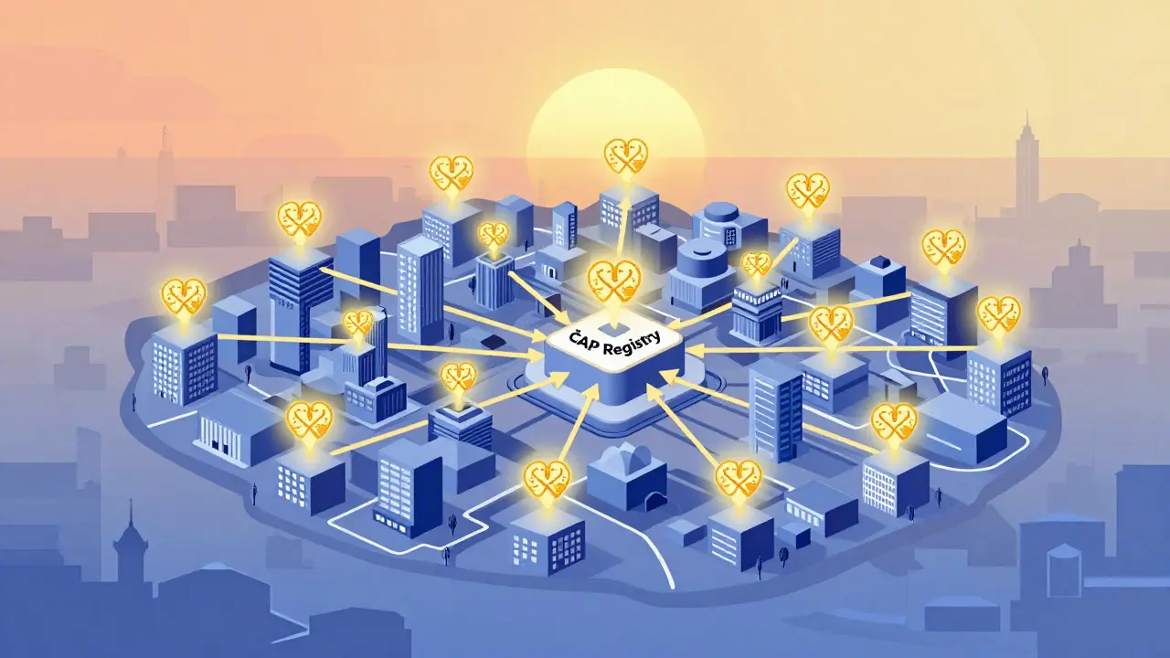 Mapa Česka s 117 ozářenými ordinacemi spojenými do sítě psychoterapie v primární péči.