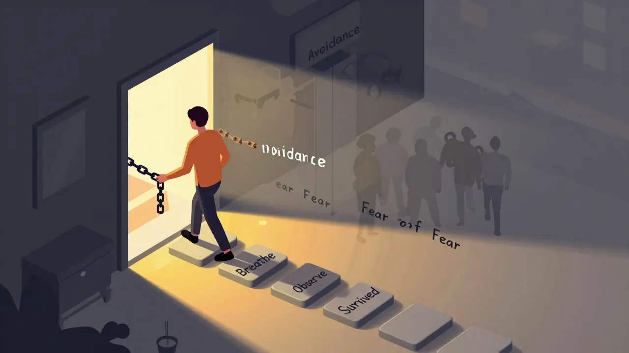 Osoba opouští domov a vstupuje do světa, zlomené řetězy strachu a vyhýbání se.