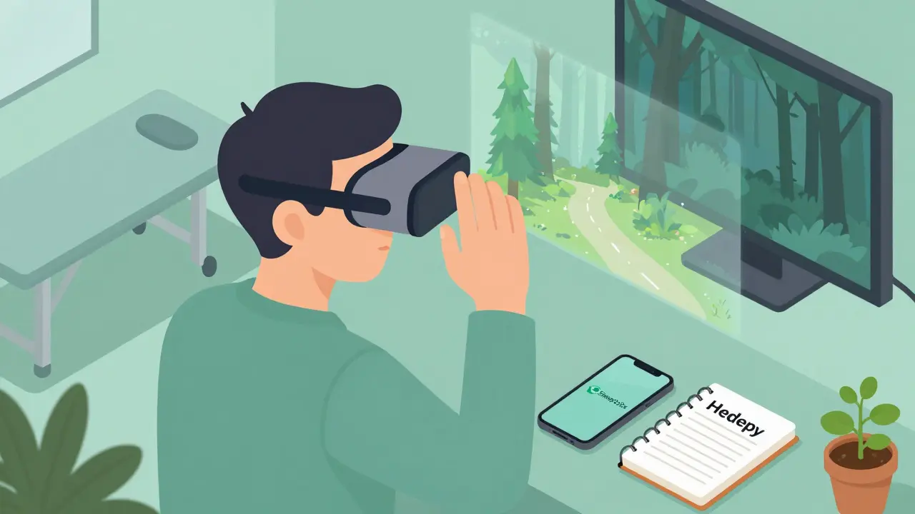 Osoba používá AR pro terapeutickou expozici v domácnosti, vedle ní leží digitální nástroje pro psychoterapii.