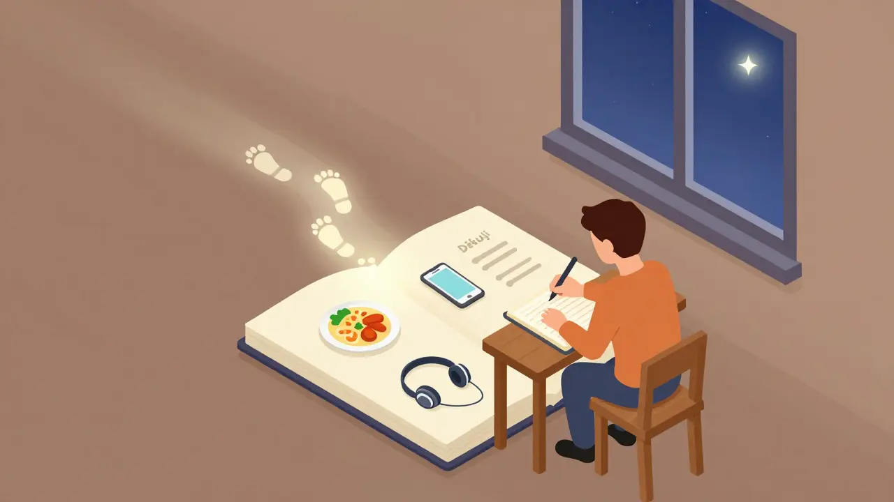 Osoba zapisuje tři věci, za které je vděčná, při večerním světle s jemnou cestou úspěchů vedoucí nahoru.