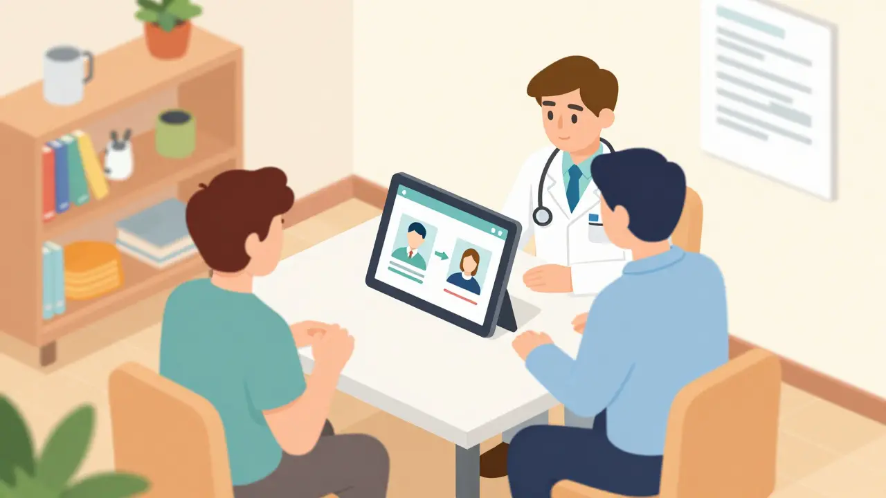 Pacient koná první sezení s psychologem v ordinaci s digitálním přenosem dat.