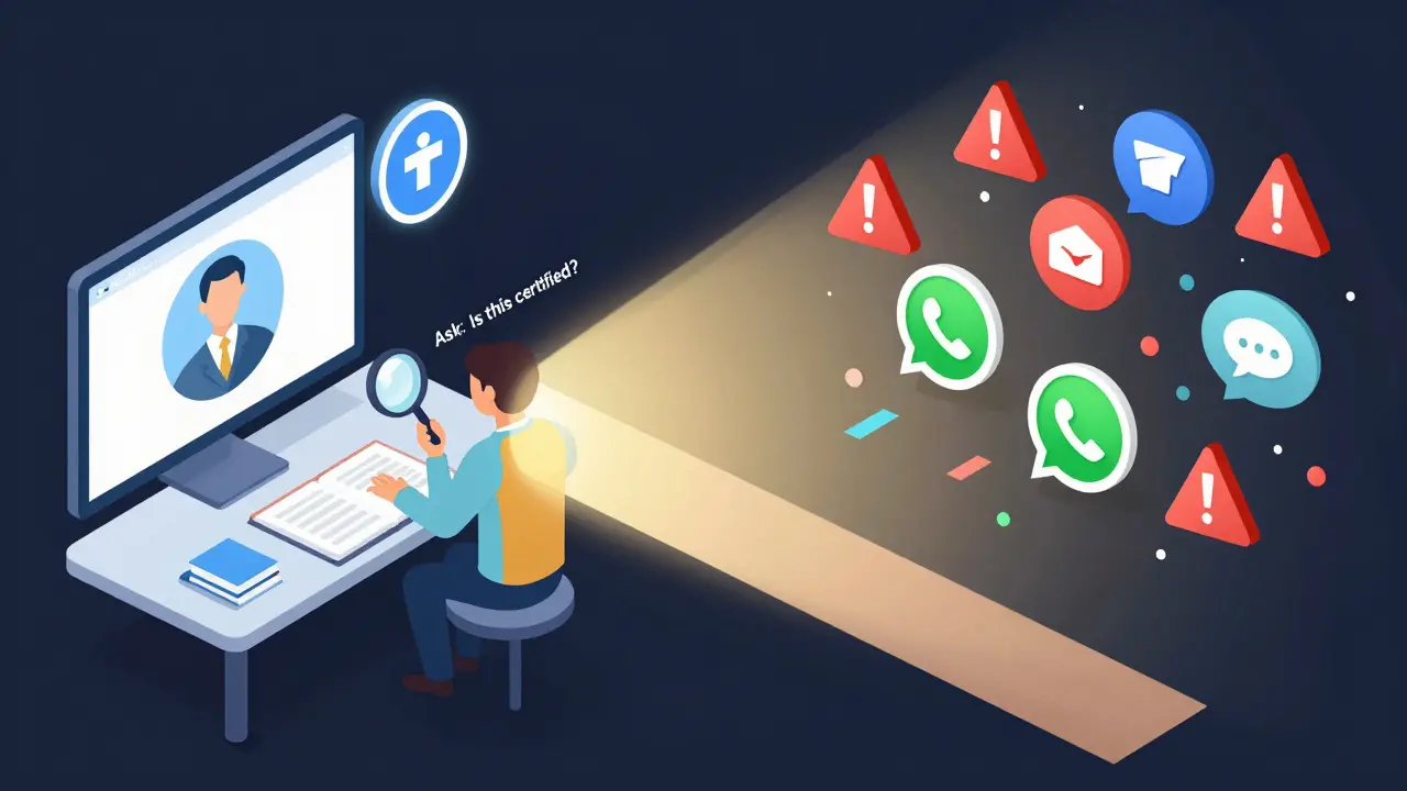 Porovnání bezpečné a nebezpečné online terapie: certifikovaná platforma vs. nebezpečné aplikace s varovnými značkami.