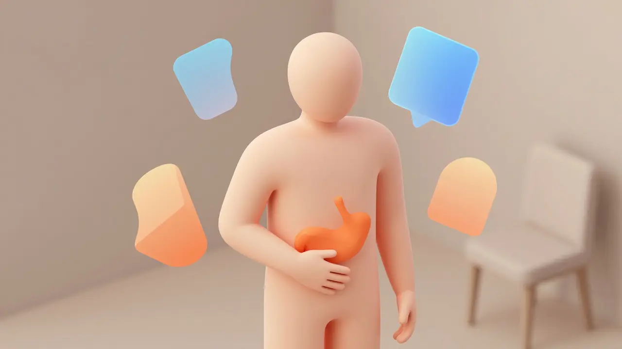 Postava drží ruku na břiše s abstraktními tvary kolem představujícími signály.