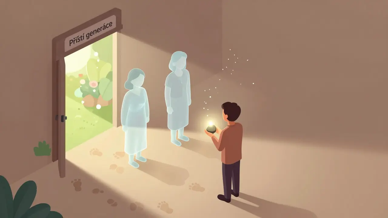 Rituál uznání: osoba stojí před předky a drží světlý kámen, zatímco za ní otevírá se dveře do budoucnosti.