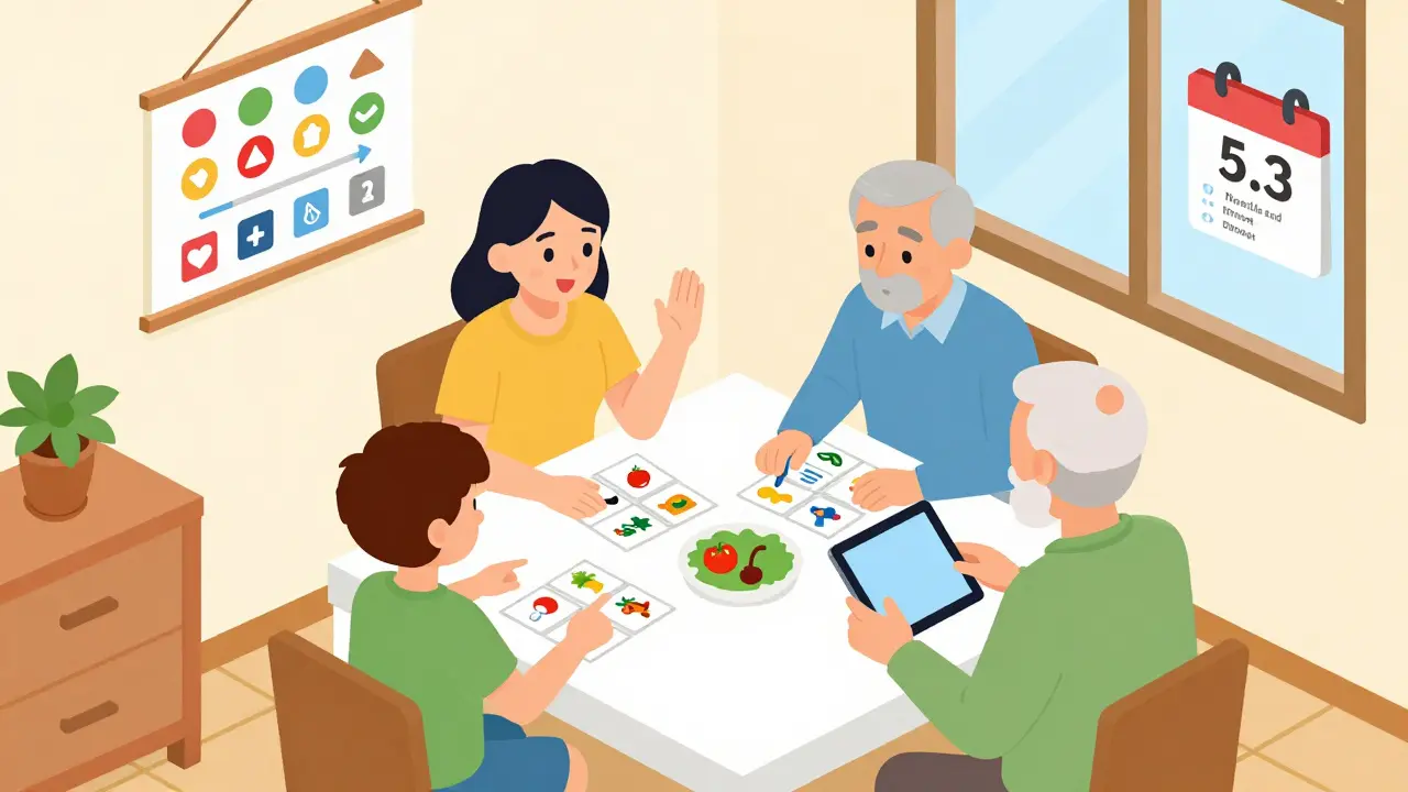 Rodina komunikuje na kuchyňském stole pomocí obrázků, gest a tabletu.