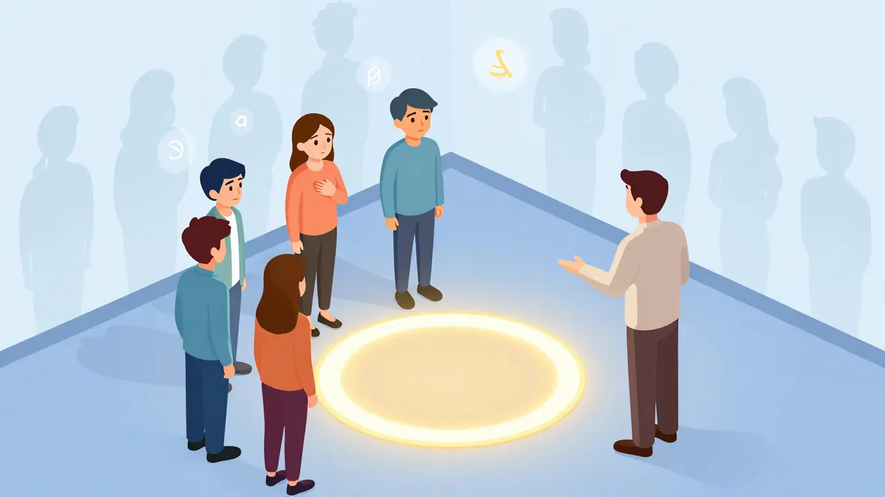 Skupinová terapeutická scéna s zástupci a terapeutem, kteří pomáhají přesunout pozici v rodinném systému.