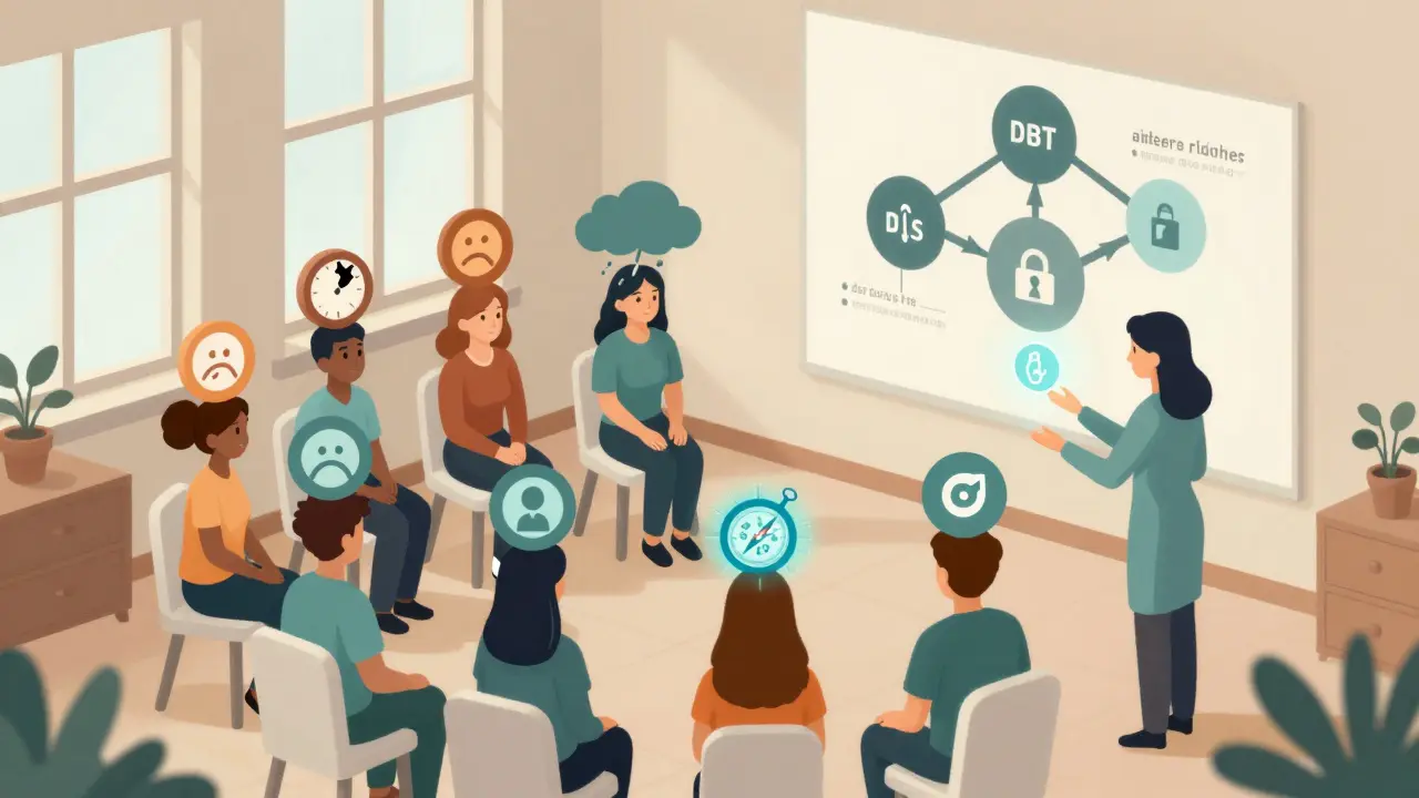 Skupinová terapie DBT v české klinice, pacientky s emocionálními symboly, terapeut s kompasem.