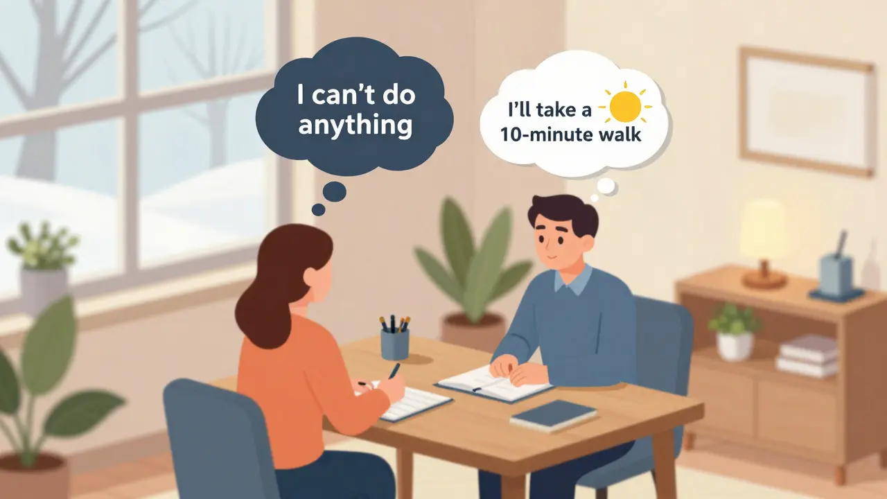 Terapeut a klient spolu hovoří v terapeutickém prostředí, nad hlavou klienta jsou myšlenkové bubliny.