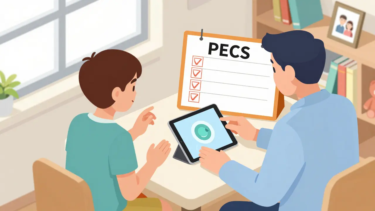 Terapeut používá hlasový tablet s dospívajícím autistou, vedle jsou obrázky a gesta.