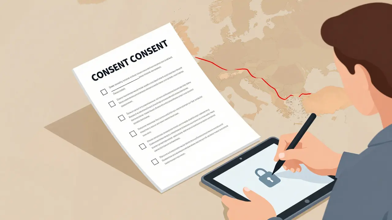 Terapeut prohlíží písemný informovaný souhlas s důrazem na bezpečnost dat a mezinárodní právní hranice.