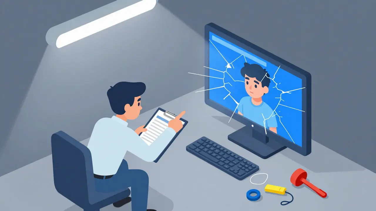 Terapeut s klinickým papírem tlačí na autistického klienta, který je znázorněn jako zablokovaný obrazovka.