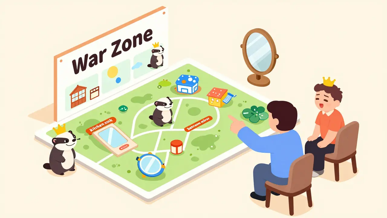 Terapeut ukazuje na mapu domácích sporů, kde dva hrošíci hádají o zrcadlo, vzniká lehká atmosféra.