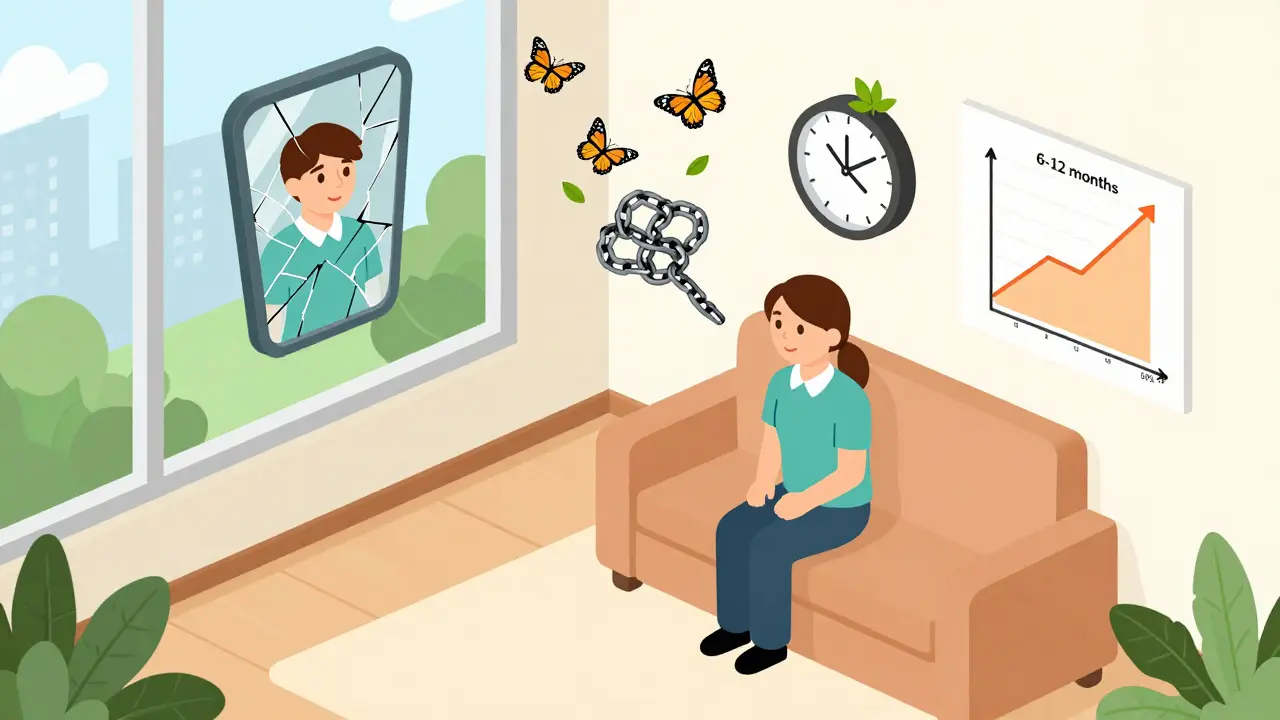 Terapeutická místnost s klientem a terapeutem, s vizuálními symboly obnovy.