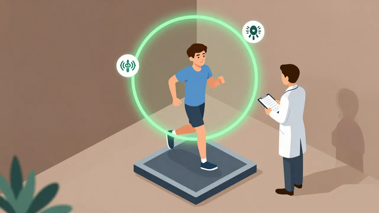 Terapeutická seance s simulací příznaků paniky, pacient je v bezpečném prostředí.