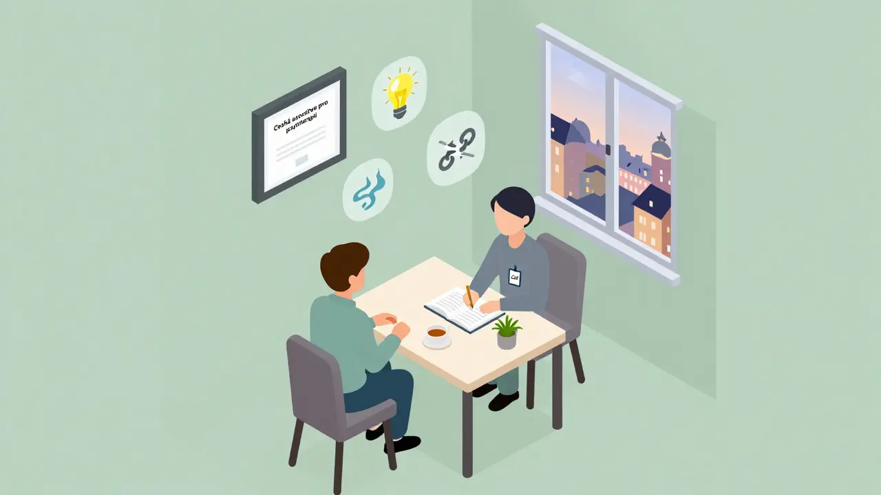 Tichá kancelář psychoterapeuta s certifikací ČAP, klient a terapeut sedí spolu, symboly poznání visí v ovzduší.