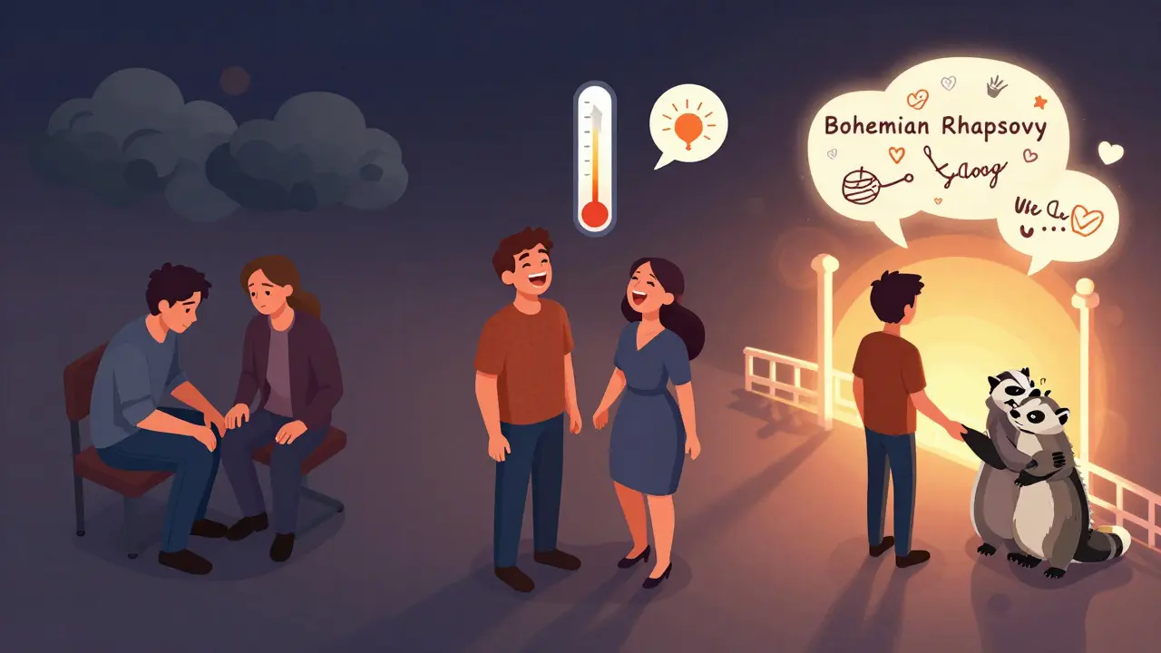 Tři fáze terapie: napětí, smích a spojení — představeno jako isometrický příběh s kreslenými symboly.