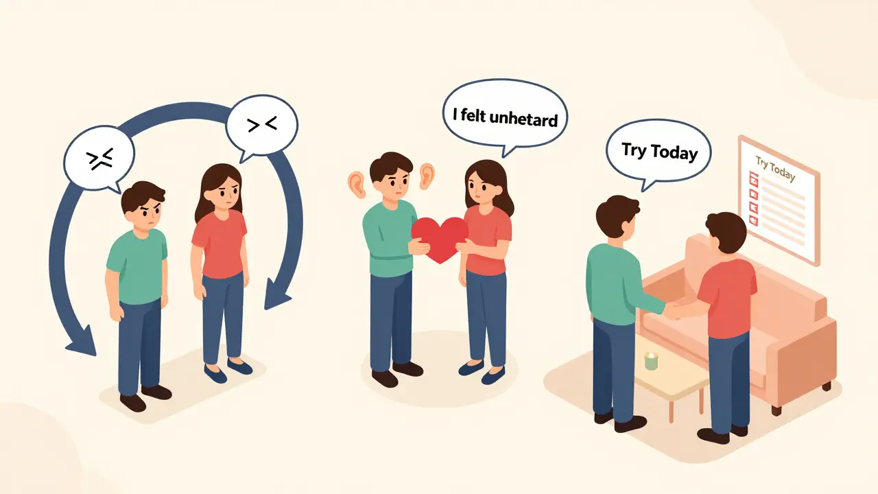 Tři fáze vztahové terapie: opakování konfliktů, učení naslouchání, praktické aplikace doma.