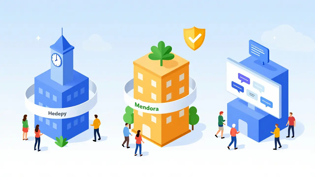 Tři online terapeutické platformy jako budovy s unikátními symboly: rychlost, nepřetržitá komunikace a vícejazyčnost.