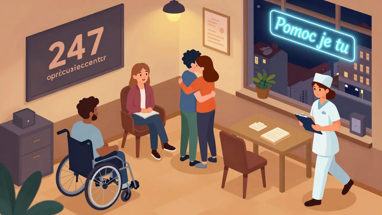 Vnitřek krizového centra v Praze s lidmi obdržujícími pomoc, osvětlené teplým světlem.