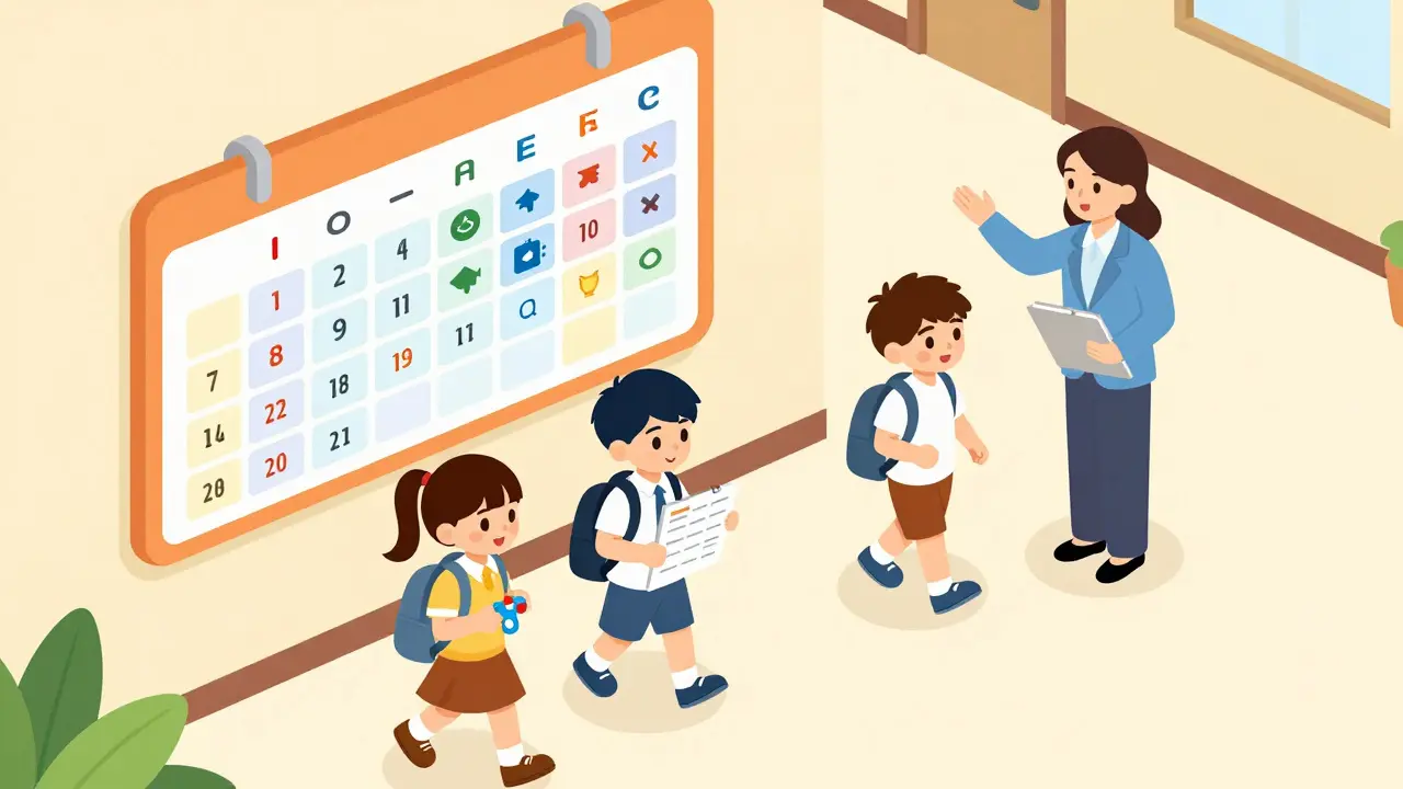 Žáci v chodbě školy sledují vizuální harmonogram a využívají podpůrné strategie.