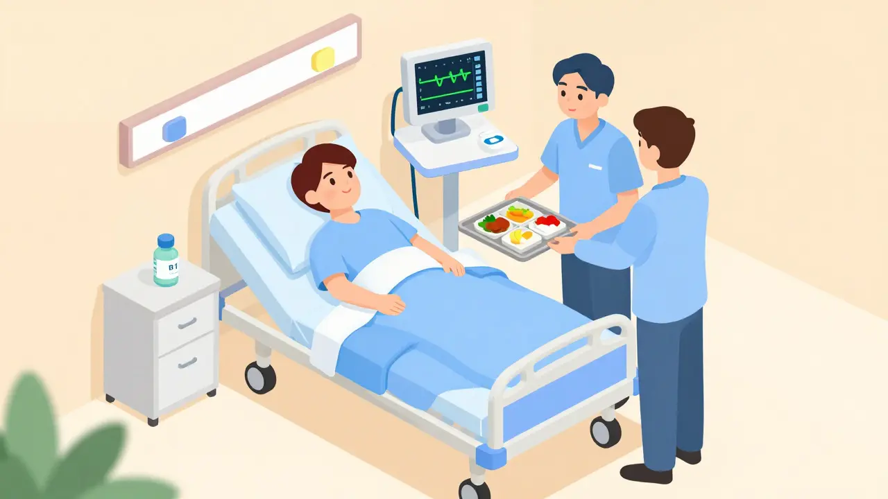 Bezpečný proces obnovy výživy v nemocnici s monitoringem elektrolytů.