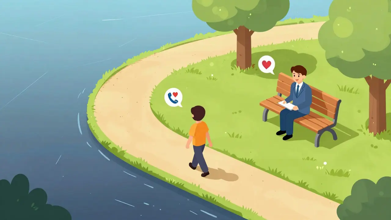 Cesta k uzdravení s doprovozením terapeuta v světlé a optimistické izometrické krajině.