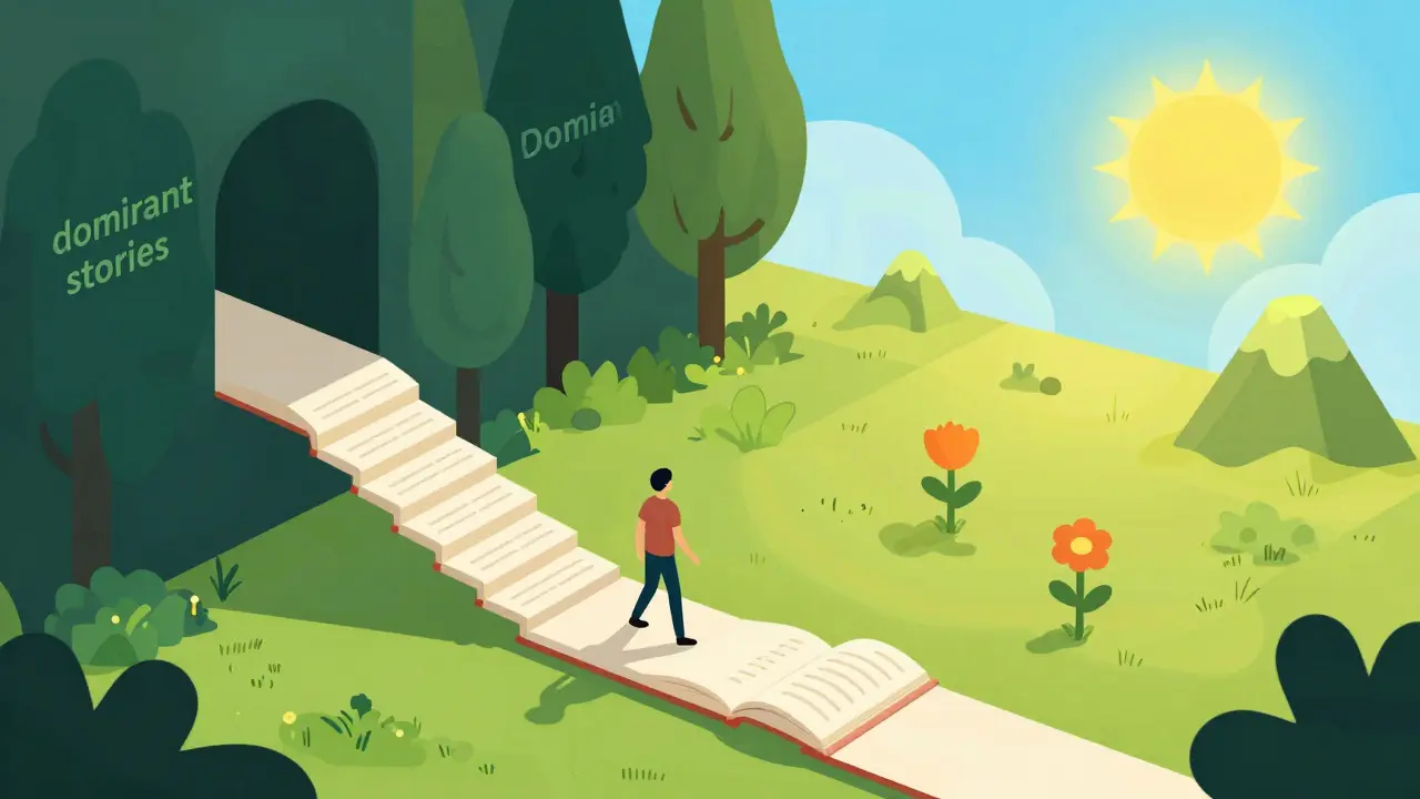 Člověk kráčí po schodech z knihy směrem k jasné a optimistické budoucnosti.