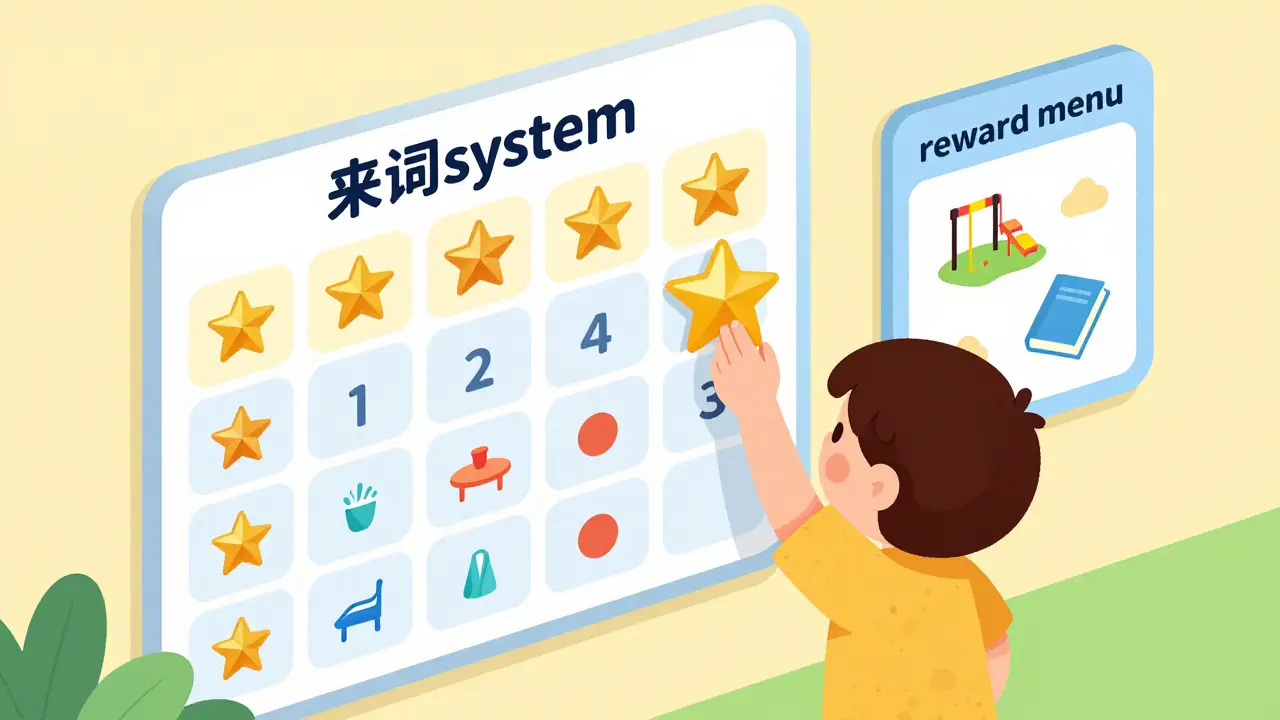 Dítě lepí hvězdičku na tabulku s cíli v rámci tokenového systému.