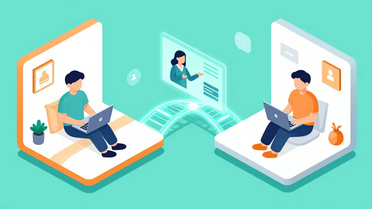 Dvě osoby v samostatných místnostech spojené digitálním mostem během online sezení.