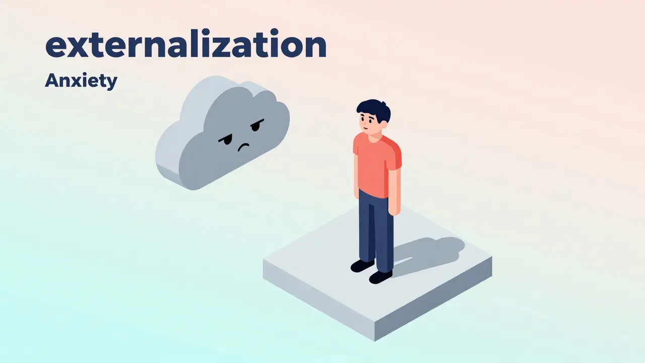 Ilustrace externalizace úzkosti zobrazené jako malý šedý mrak vedle člověka.