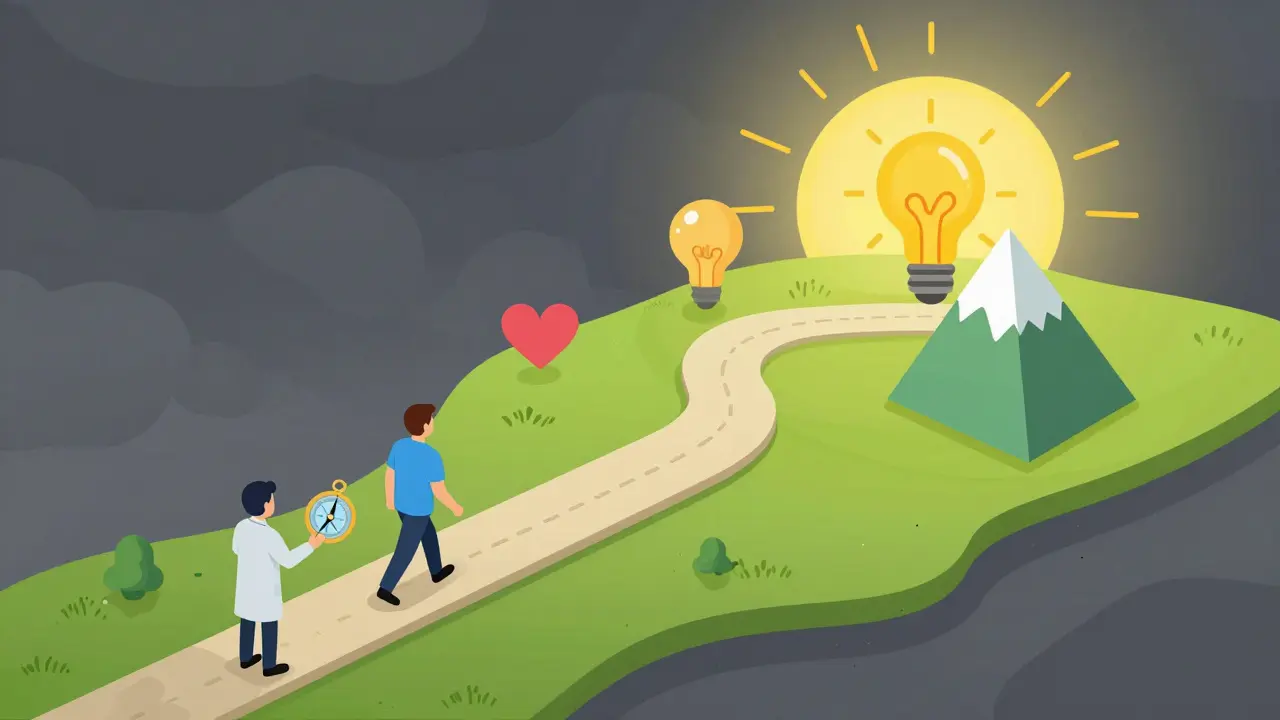 Izometrická cesta od krize k naplnění osobních hodnot s terapeutem jako průvodcem.