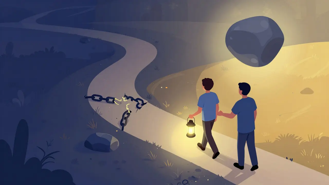 Izometrická ilustrace cesty k uzdravení s terapeutem vedoucím klienta ze tmy do světla.