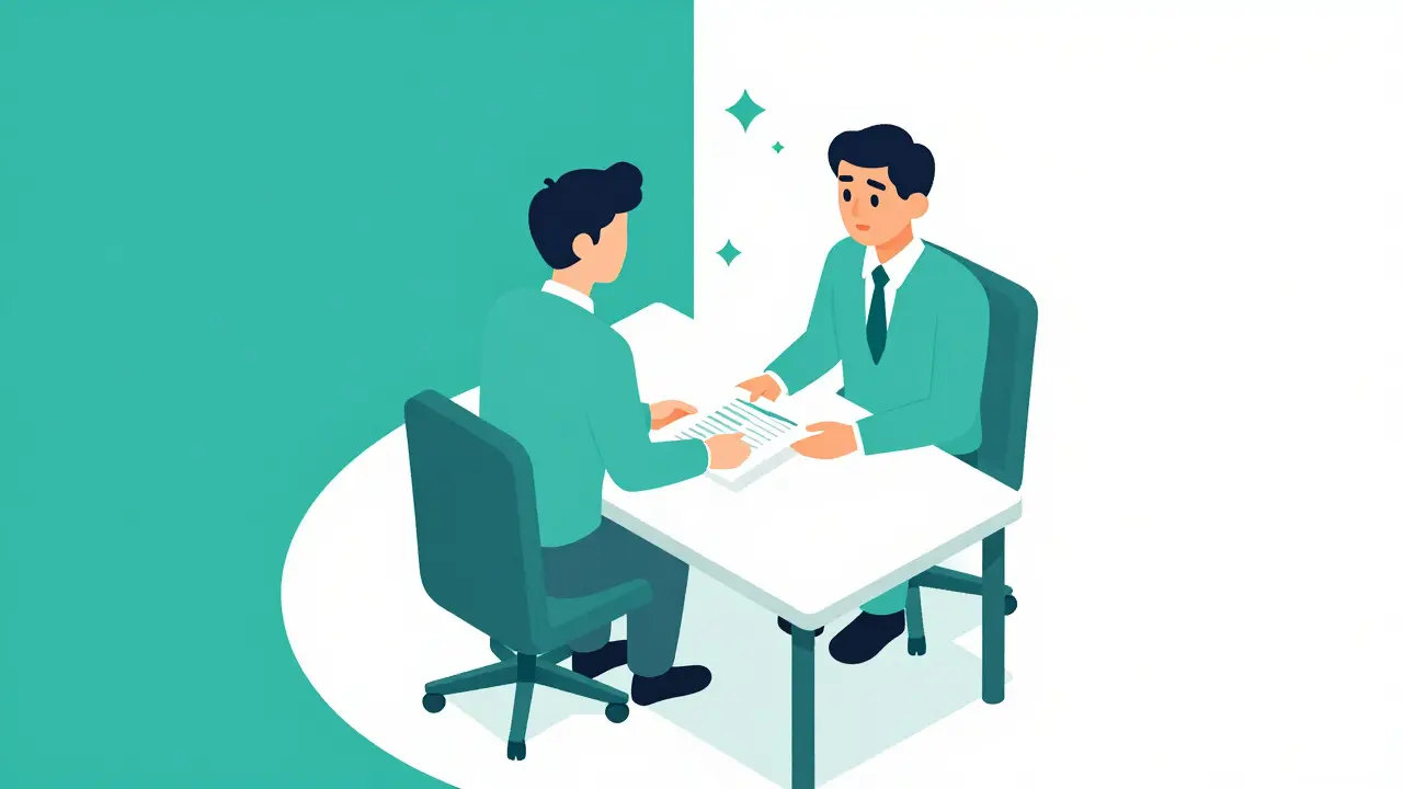 Izometrická ilustrace člověka, který klidně a funkčně komunikuje s kolegou v moderní kanceláři.