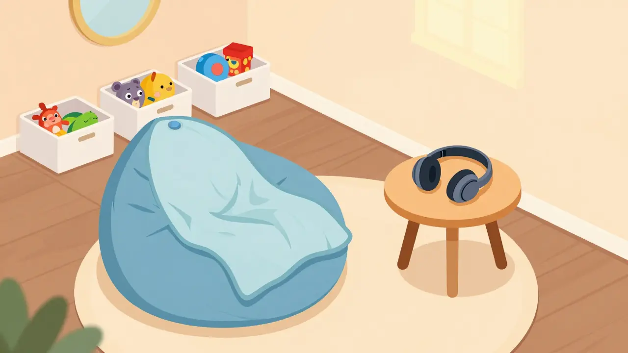 Izometrická ilustrace domácího prostředí s upraveným senzorickým koutkem.