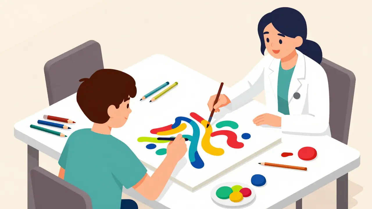 Izometrická ilustrace dospívajícího při arteterapii, který maluje své emoce na plátno.