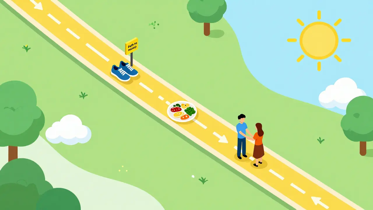 Izometrická ilustrace klikaté cesty zotavení s pozitivními milníky.