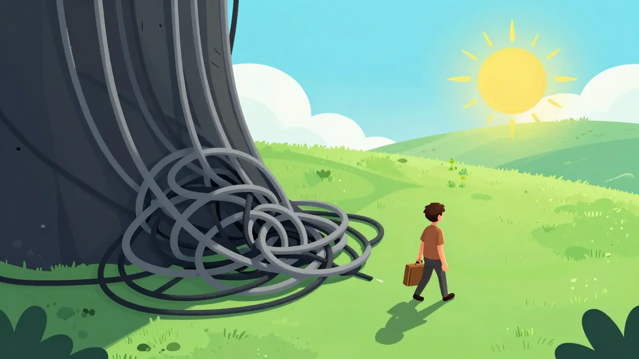 Izometrická ilustrace osoby odcházející z temného labyrintu směrem k jasné budoucnosti.