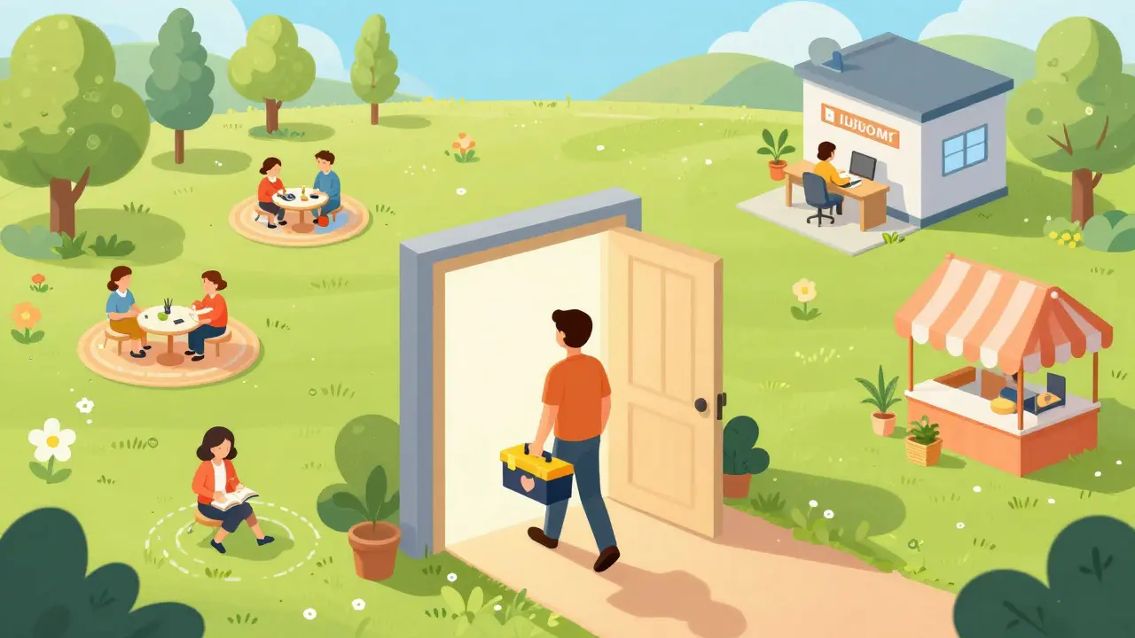 Izometrická ilustrace osoby opuštějící ordinaci a vstupující do barevného života s poučkami z terapie.