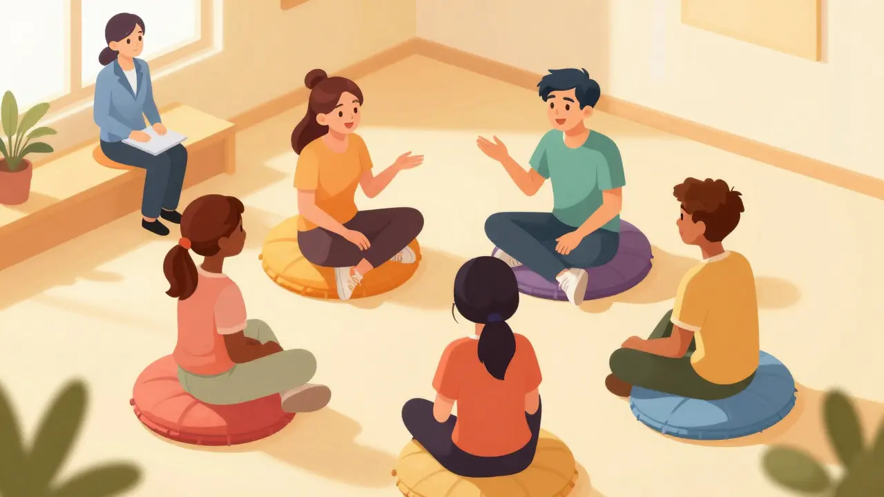 Izometrická ilustrace skupinové terapie dospívajících sedících v kruhu na polštářích.