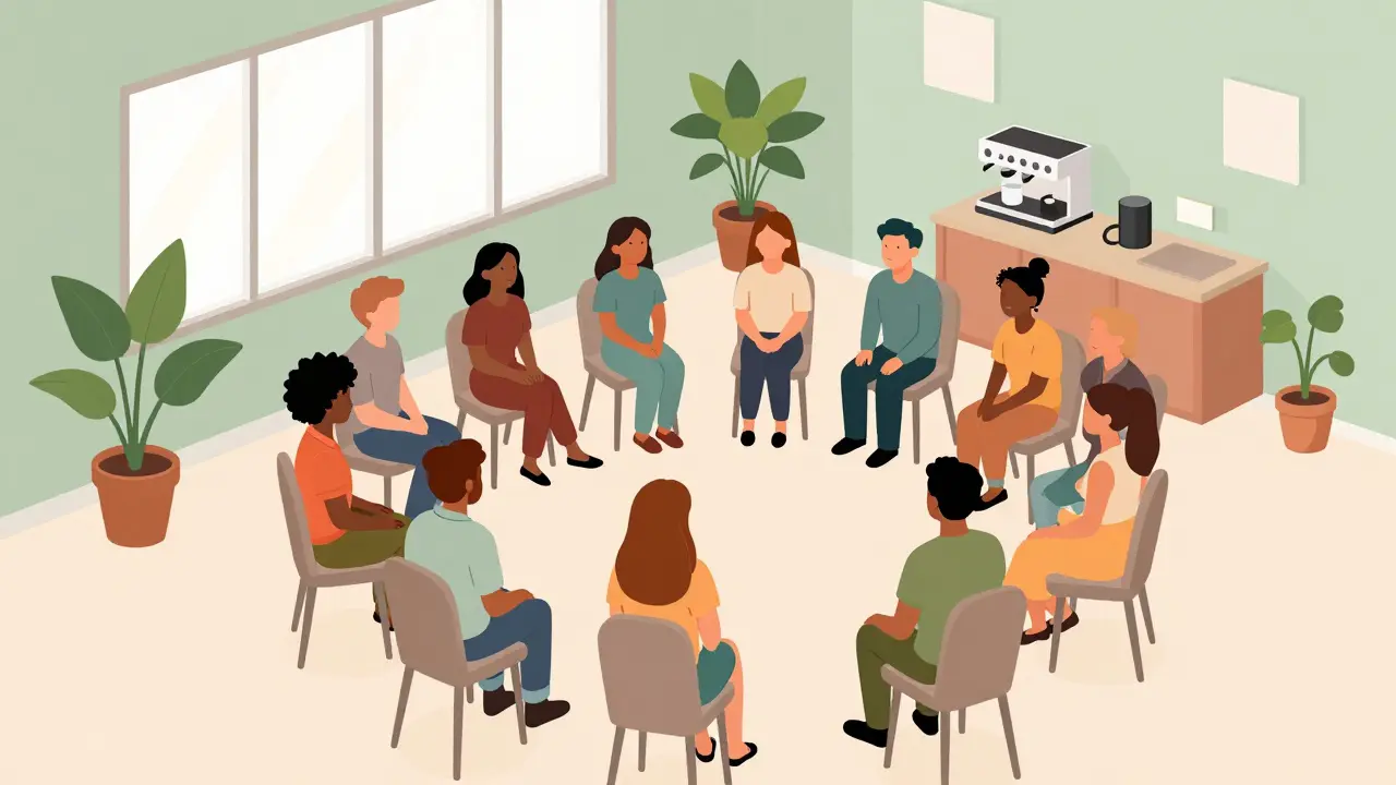 Izometrická ilustrace skupiny lidí v kruhu během vzájemné podpory.