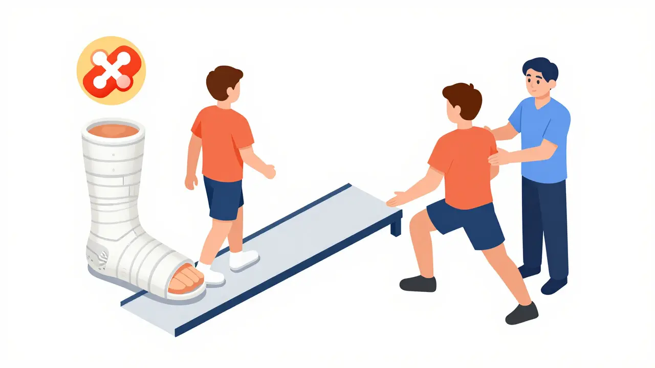 Izometrická ilustrace srovnávající sádru a fyzioterapii jako metaforu pro kombinovanou léčbu.