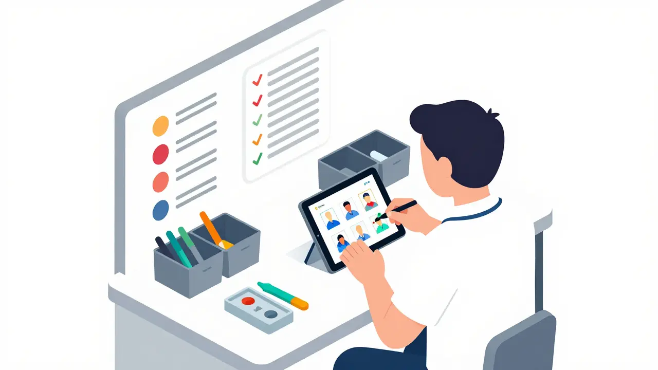 Izometrická ilustrace strukturovaného pracovního místa pro dospělého s autismem s využitím tabletu.