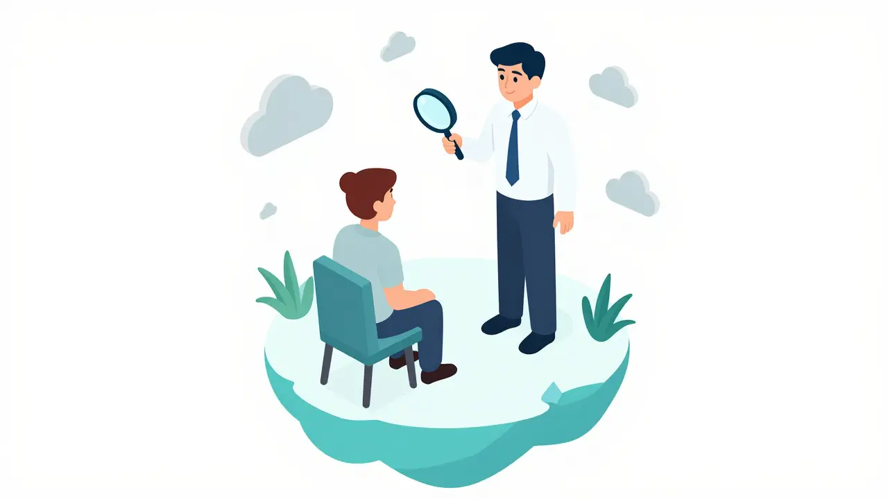 Izometrická ilustrace terapeuta a supervizora odhalujícího slepé skvrny v procesu pomoci.