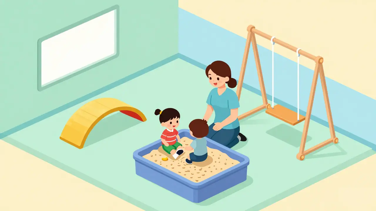 Izometrická ilustrace terapeutické místnosti pro senzorickou integraci.