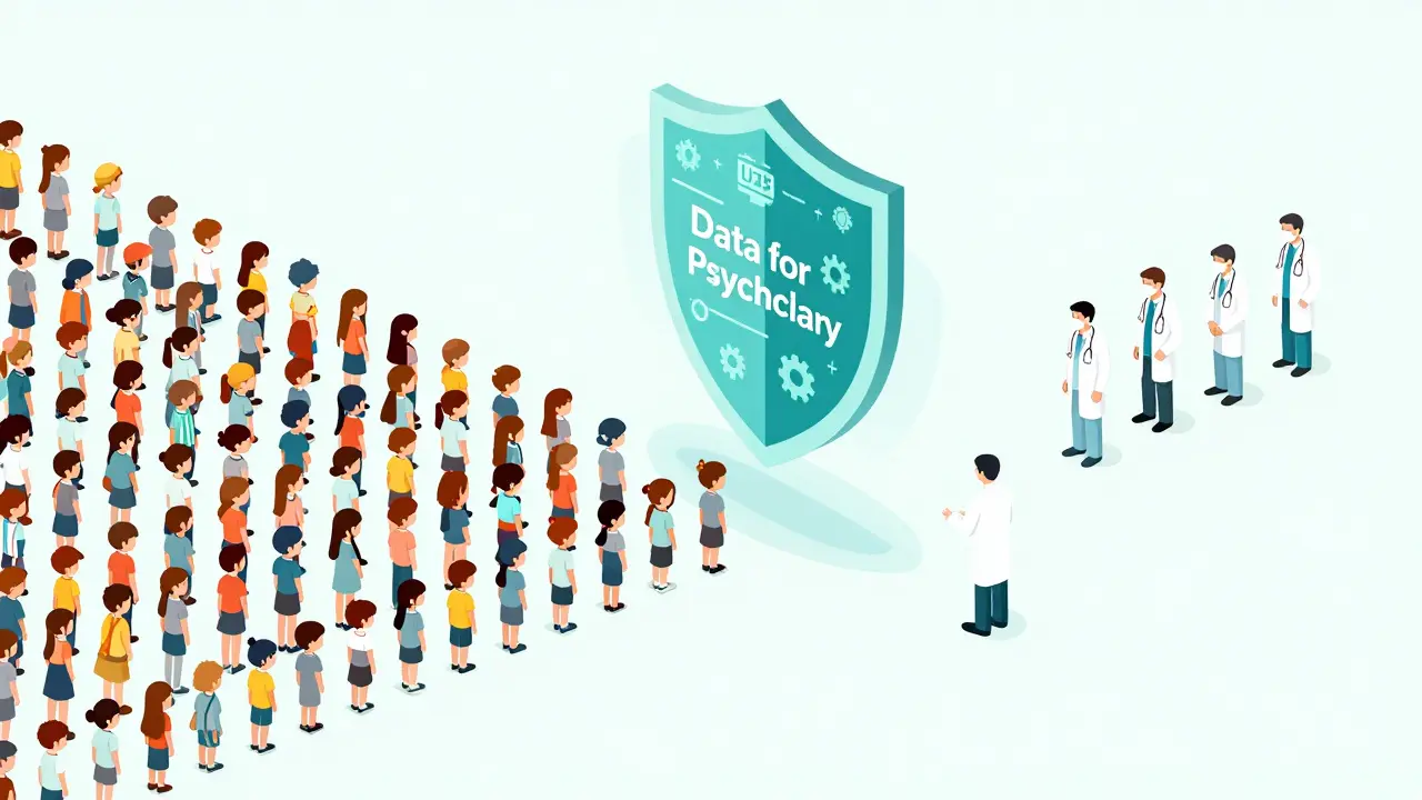 Izometrická ilustrace znázornující nedostatek dětských psychiatrů v poměru k počtu dětí.