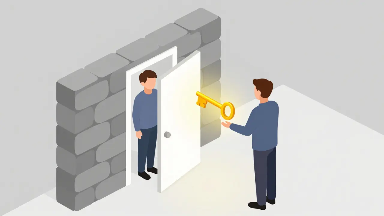 Izometrická ilustrace znázornující překonávání izolace a budování mostu porozumění pomocí podpory.