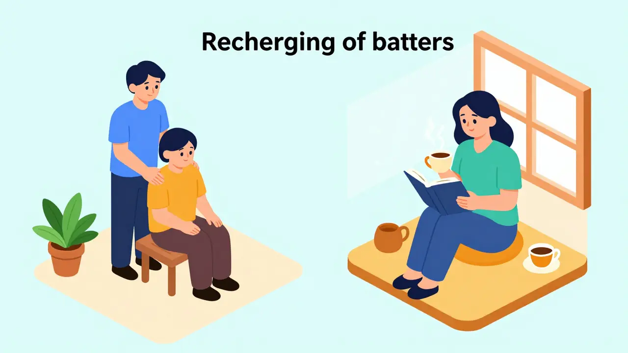 Izometrická ilustrace znázornující rovnováhu mezi poskytováním pomoci blízkému a vlastní péčou o sebe.