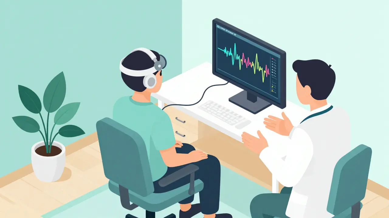 Izometrická scéna z terapie s využitím neurofeedbacku a EEG přístroje.