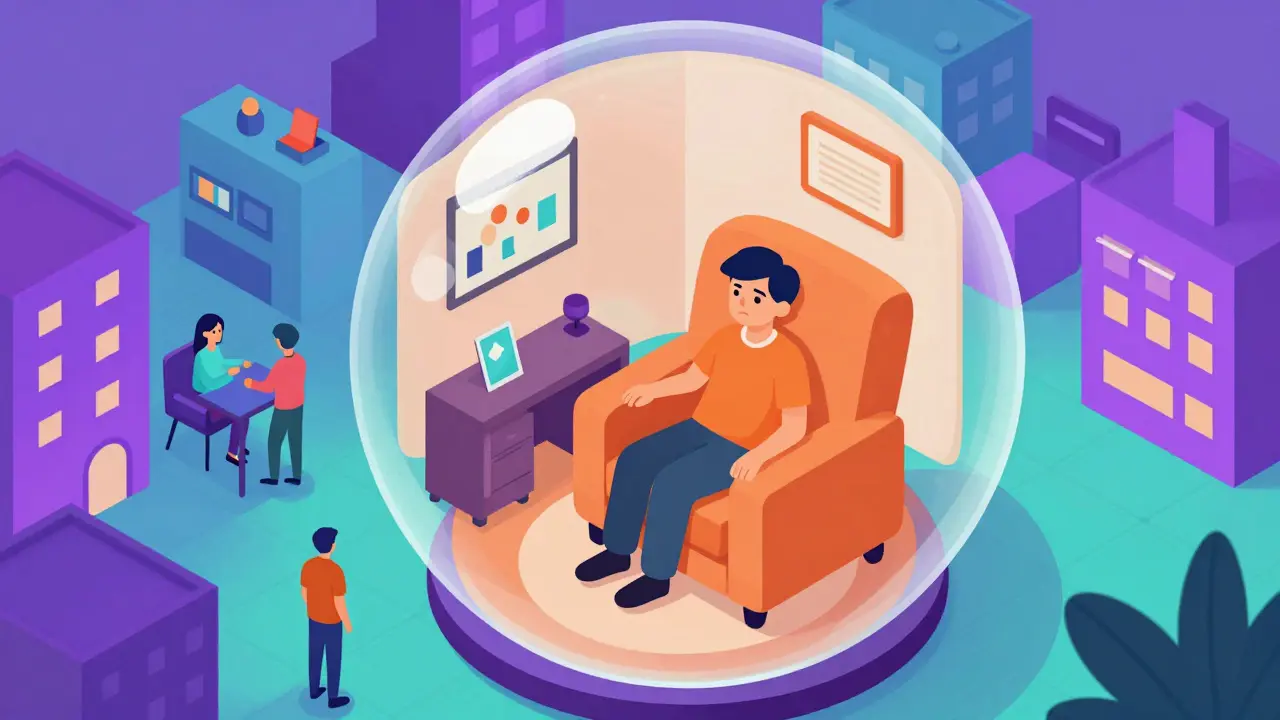 Izometrický obraz osoby v pohodlném křesle v bublině, která ji odděluje od reálného světa.
