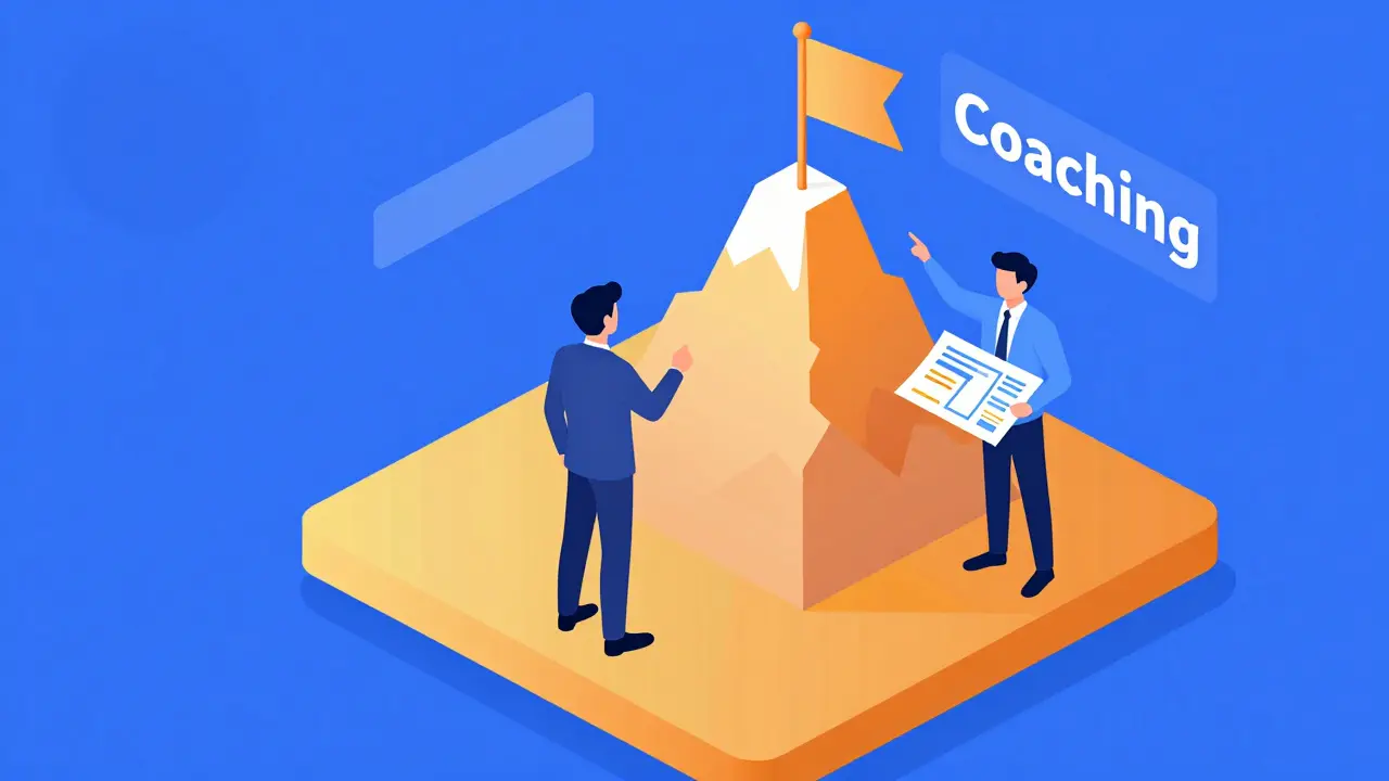 Izometrický obrázek kouče a klienta plánujícího cestu k dosažení budoucích cílů.